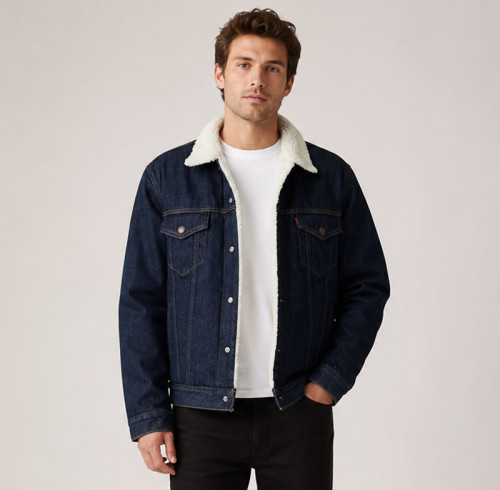 Custom Dark Wash Denim Sherpa Trucker Jacket