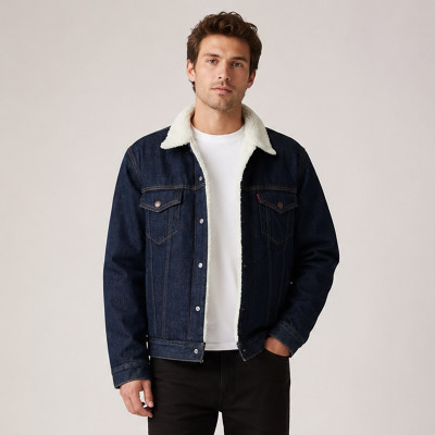 Custom Dark Wash Denim Sherpa Trucker Jacket