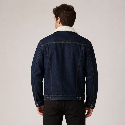 Custom Dark Wash Denim Sherpa Trucker Jacket