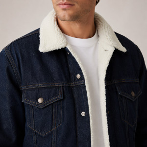 Custom Dark Wash Denim Sherpa Trucker Jacket