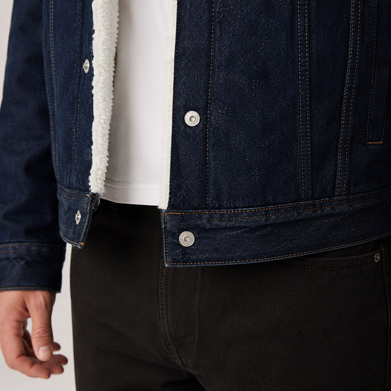 VANRD Custom Dark Wash Denim Sherpa Trucker Jacket