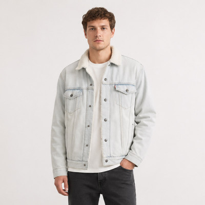 Custom Light Wash Denim Sherpa Trucker Jacket