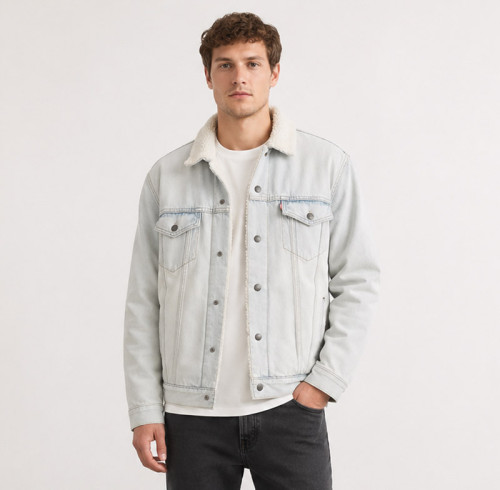 Custom Light Wash Denim Sherpa Trucker Jacket