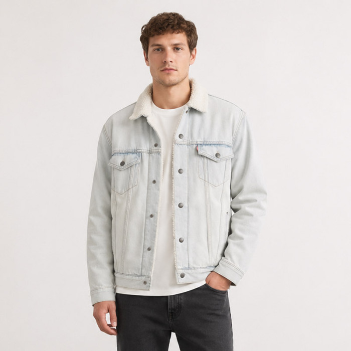Custom Light Wash Denim Sherpa Trucker Jacket