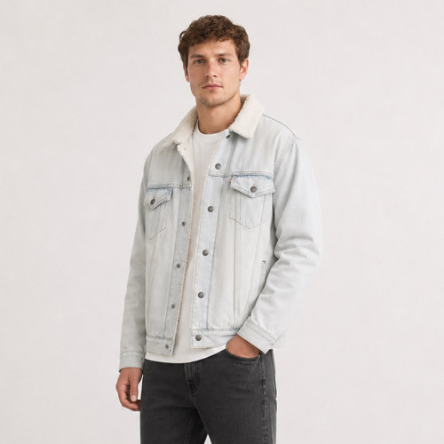 Custom Light Wash Denim Sherpa Trucker Jacket