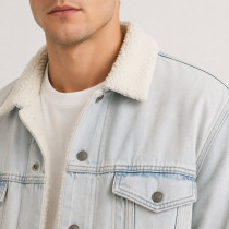 Custom Light Wash Denim Sherpa Trucker Jacket