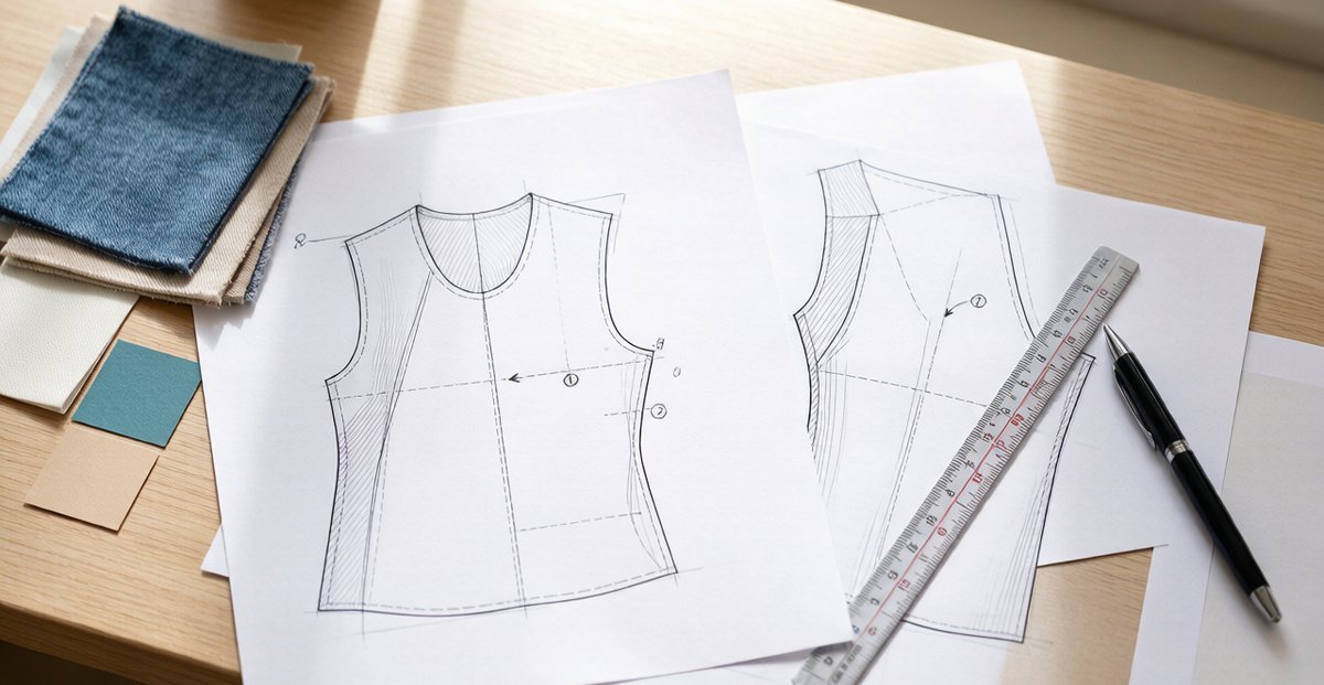 Tech pack flat sketch drawings with fabric swatches and ruler on a designer desk