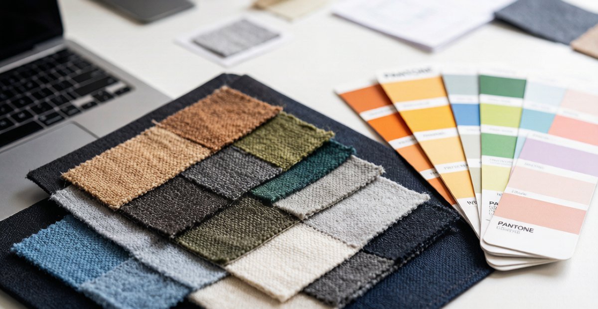Pantone color cards fanned out with cotton fabric swatches