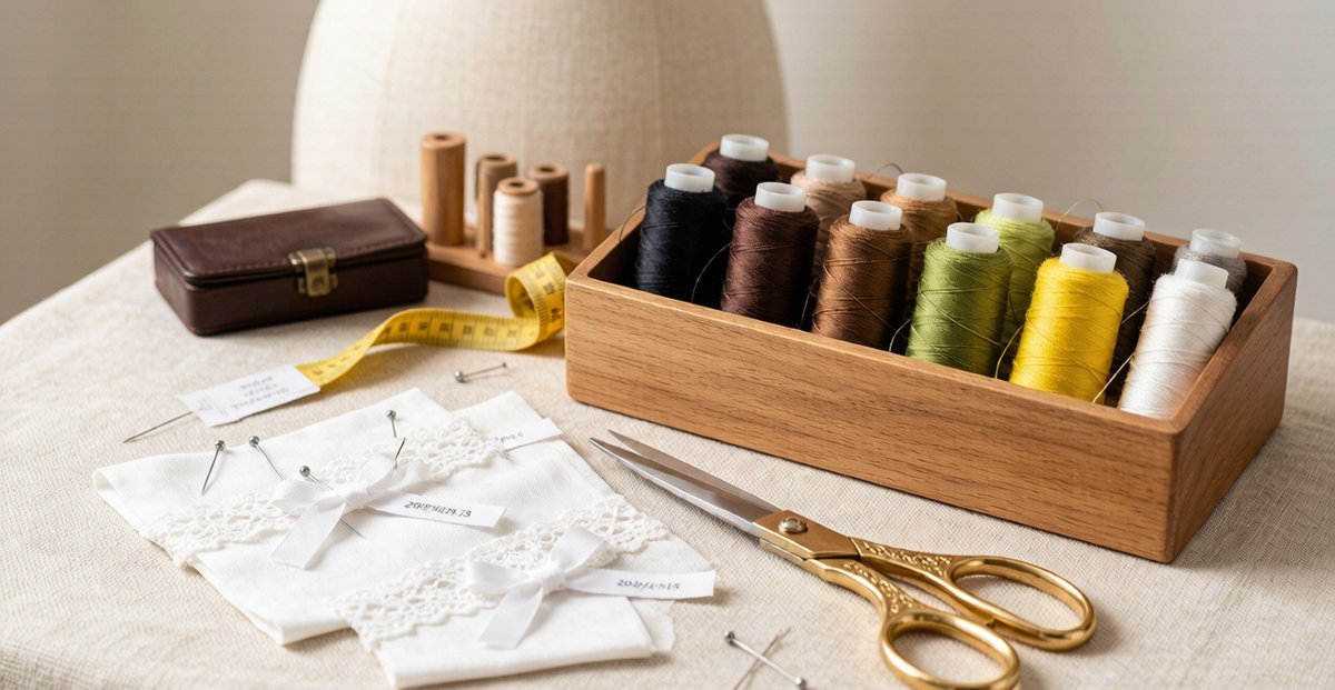 Tailor workbench with thread spools brass scissors measuring tape and white fabric samples