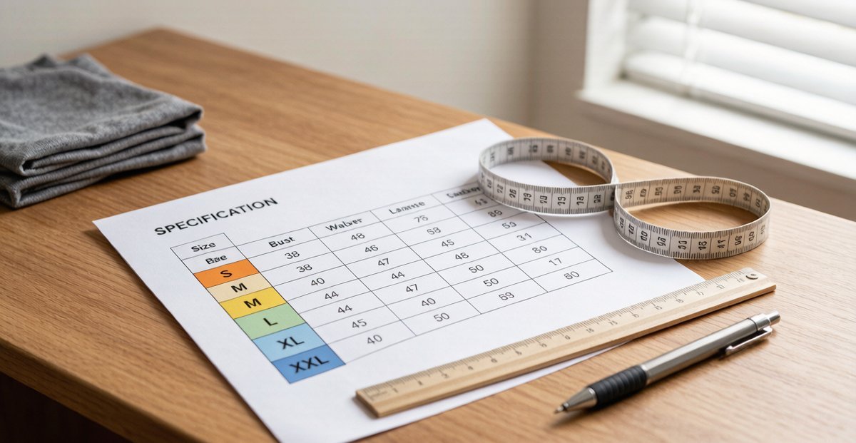 Size spec sheet with color-coded S M L XL XXL rows and measurement table