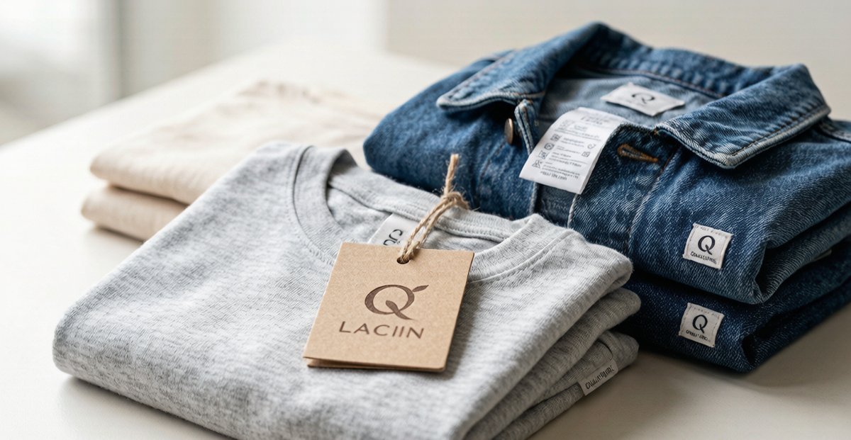 Folded gray t-shirt and denim jacket with branded woven labels and hang tag on retail surface