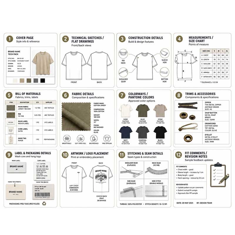 essential components of clothing tech pack for apparel manufacturing