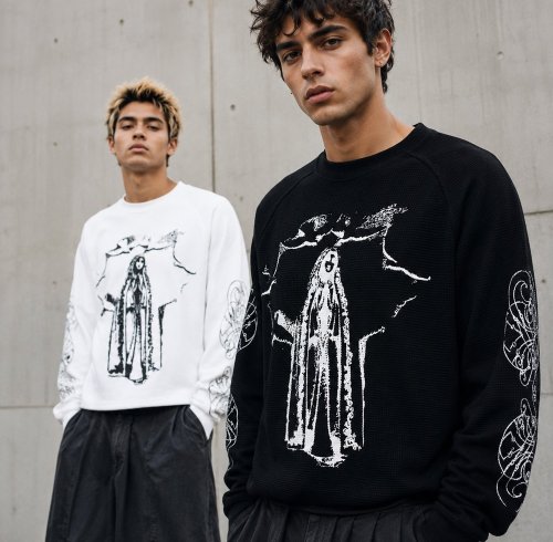 Custom Black Waffle Knit Long Sleeve Graphic Tee