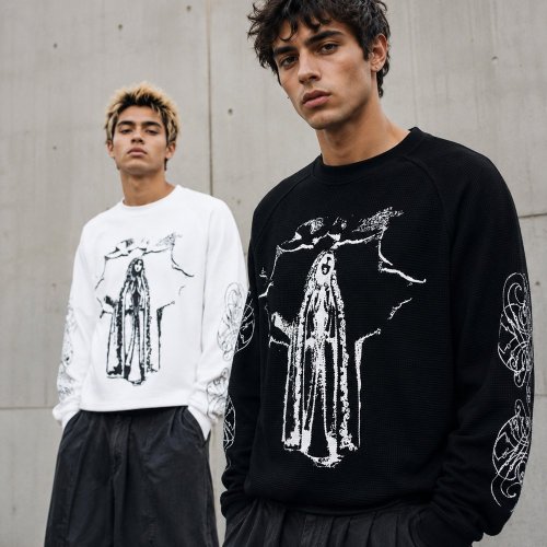 Custom Black Waffle Knit Long Sleeve Graphic Tee