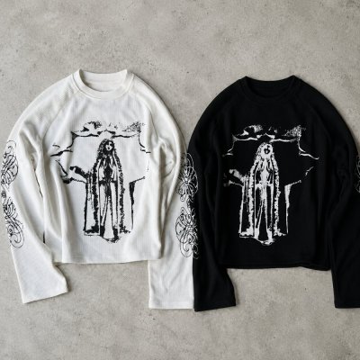 Custom Black Waffle Knit Long Sleeve Graphic Tee