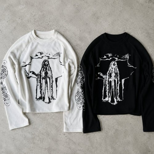 Custom Black Waffle Knit Long Sleeve Graphic Tee