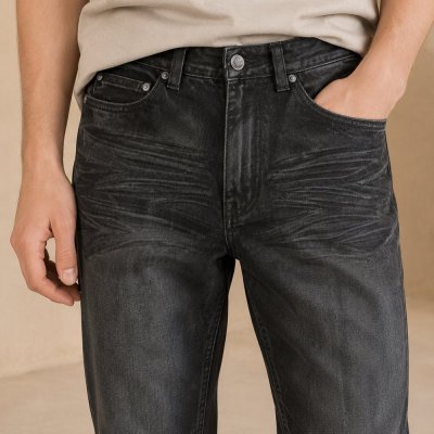 Custom Black Wash Distressed Straight Leg Jeans