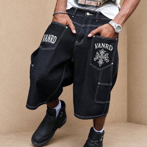 Custom Contrast Logo Denim Cargo Shorts