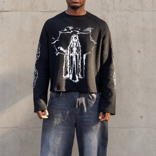 Custom Black Waffle Knit Long Sleeve Graphic Tee