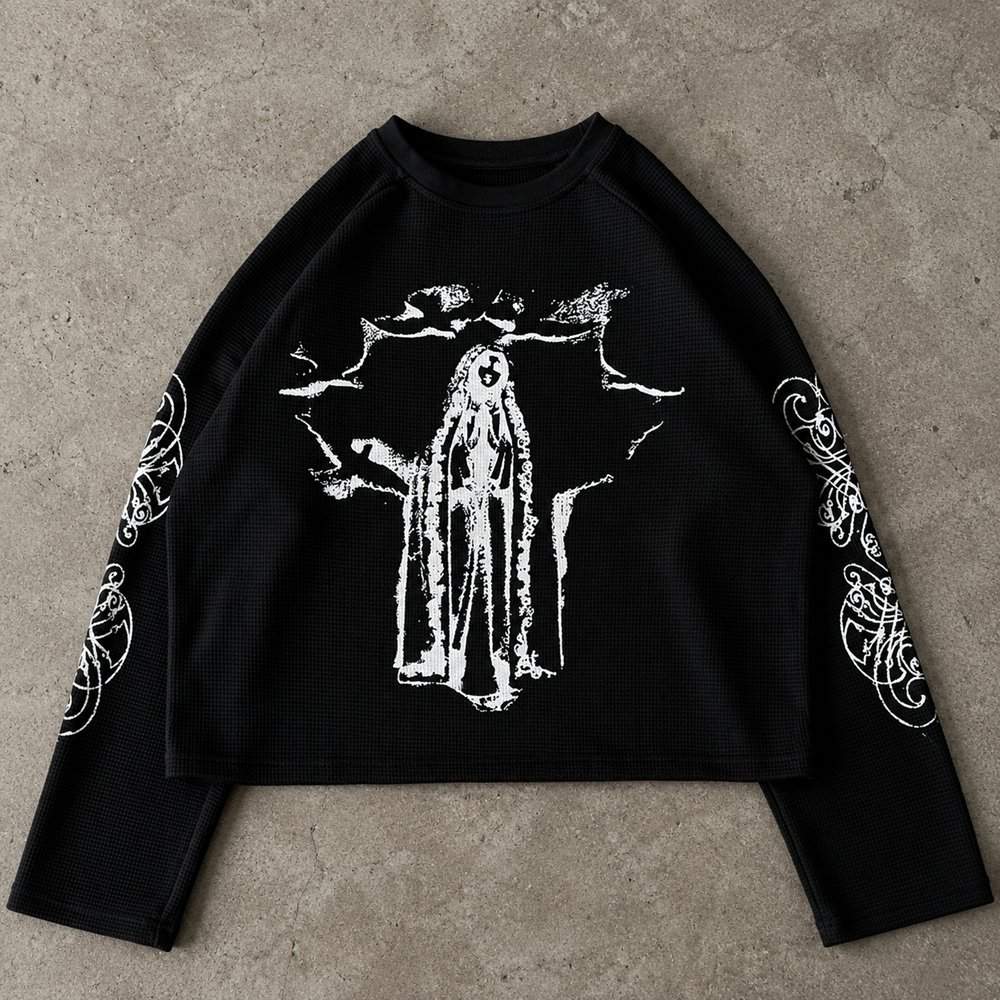 VANRD Custom Black Waffle Knit Long Sleeve Graphic Tee
