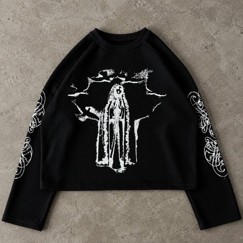Custom Black Waffle Knit Long Sleeve Graphic Tee
