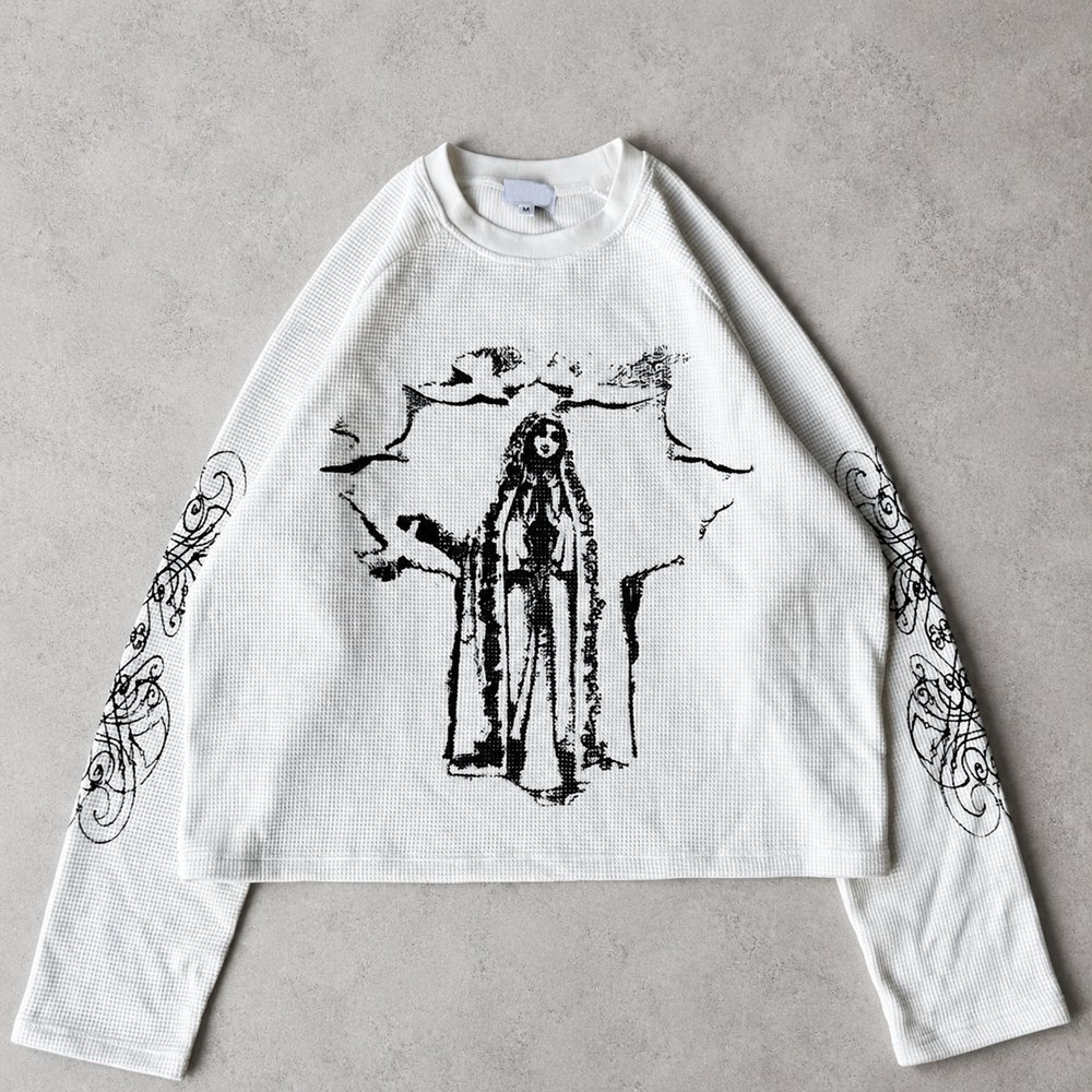 Custom Black Waffle Knit Long Sleeve Graphic Tee