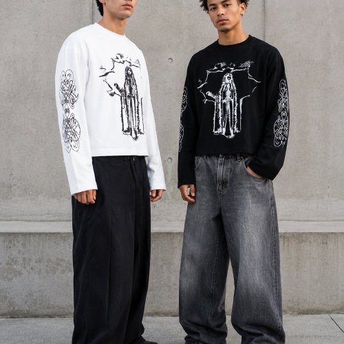 Custom Black Waffle Knit Long Sleeve Graphic Tee
