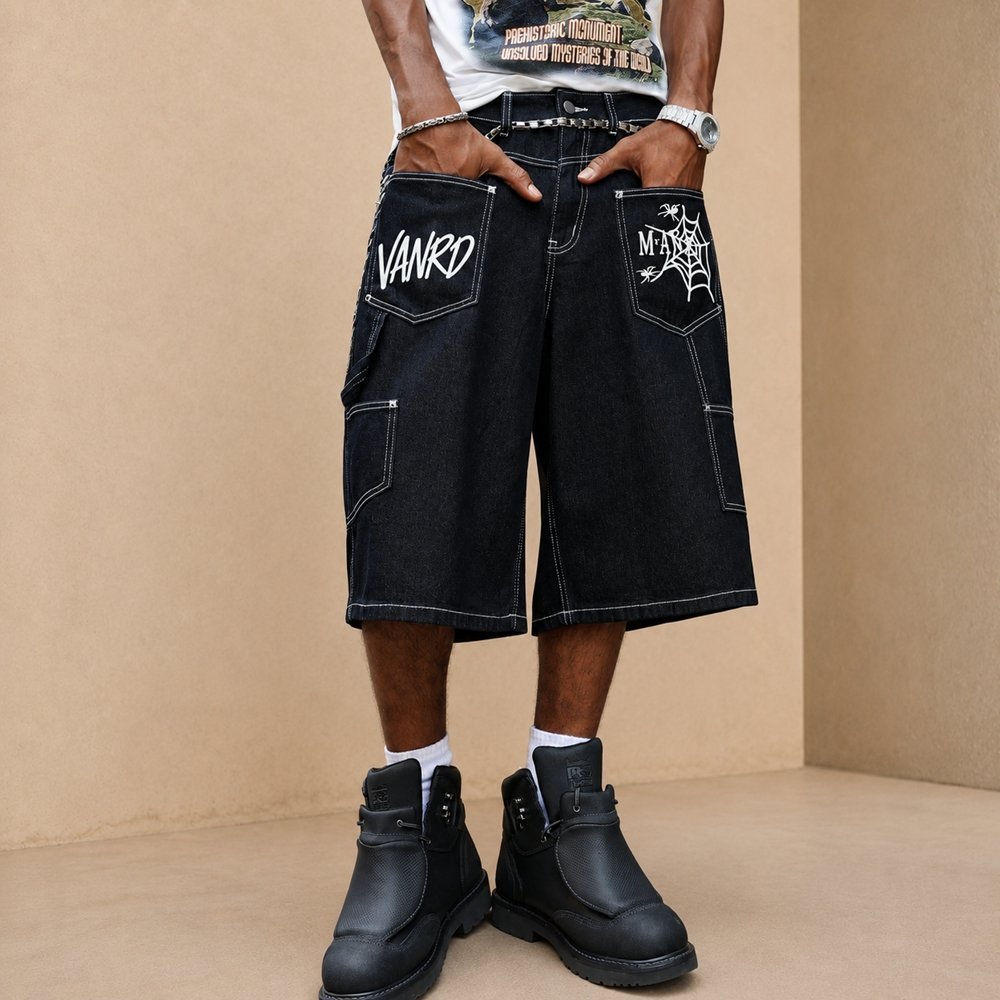 Custom Contrast Logo Denim Cargo Shorts