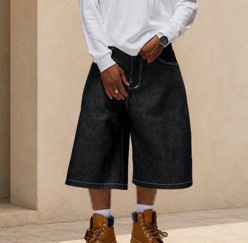 Washed Black Denim Long Shorts