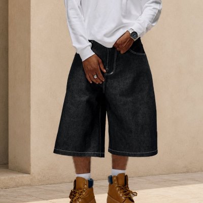 Washed Black Denim Long Shorts