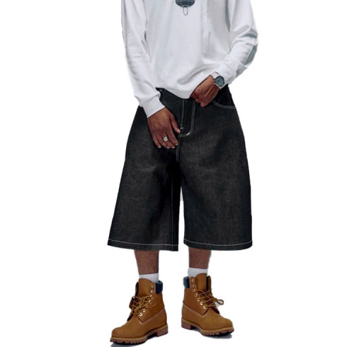 Washed Black Denim Long Shorts