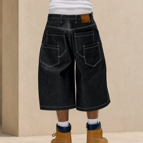 Washed Black Denim Long Shorts