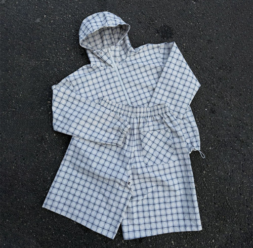 Light Blue Windowpane Plaid Hooded Windbreaker Jacket