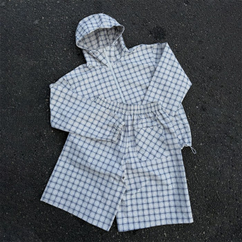 Light Blue Windowpane Plaid Hooded Windbreaker Jacket