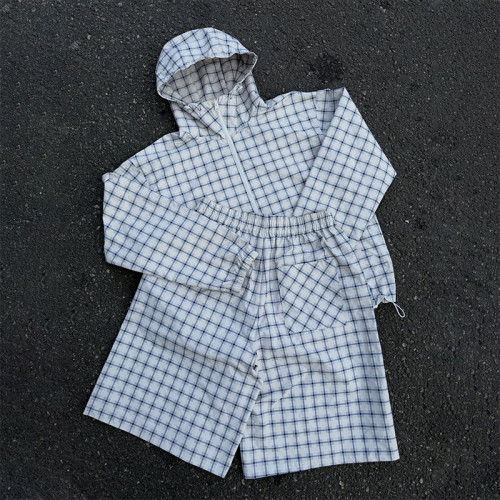 Light Blue Windowpane Plaid Hooded Windbreaker Jacket