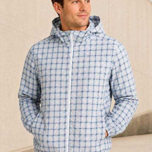 Light Blue Windowpane Plaid Hooded Windbreaker Jacket