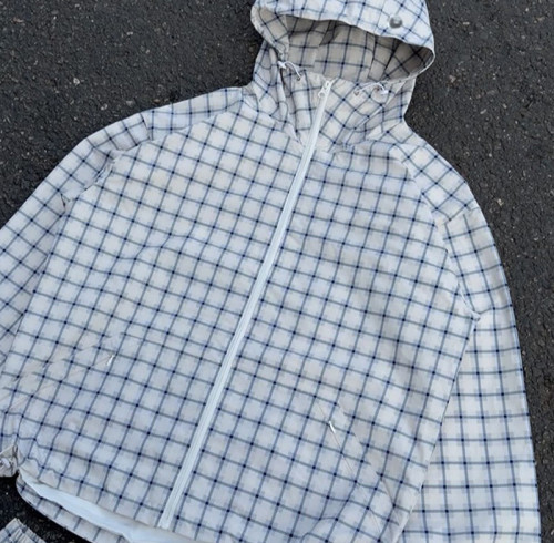 Light Blue Windowpane Plaid Hooded Windbreaker Jacket