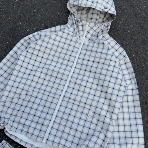 Light Blue Windowpane Plaid Hooded Windbreaker Jacket