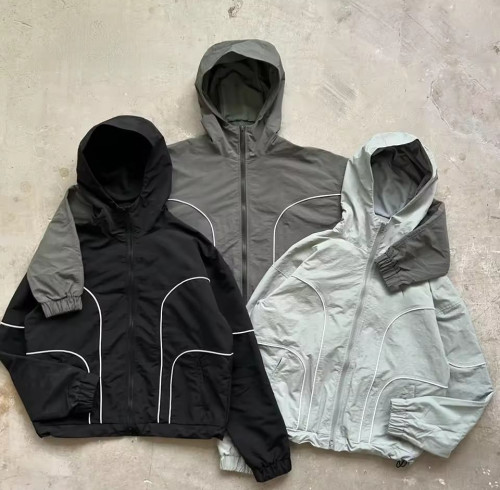 3-Tone Colorblock Hooded Windbreaker with Reflective Piping