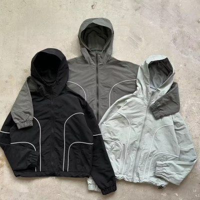 3-Tone Colorblock Hooded Windbreaker with Reflective Piping