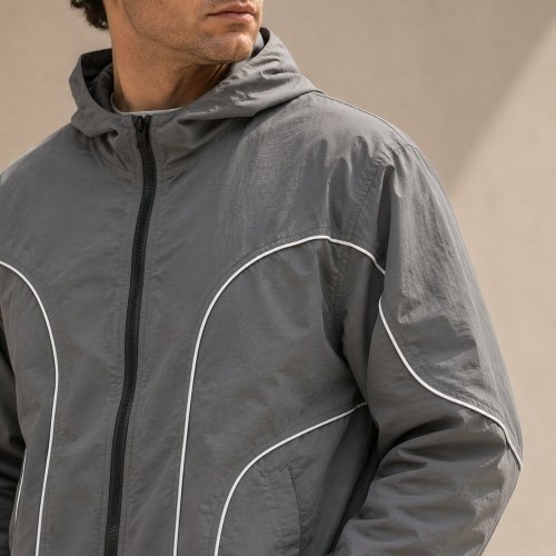 3-Tone Colorblock Hooded Windbreaker with Reflective Piping