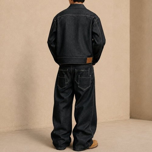 Black Washed Denim Jacket and Cargo Pants Set