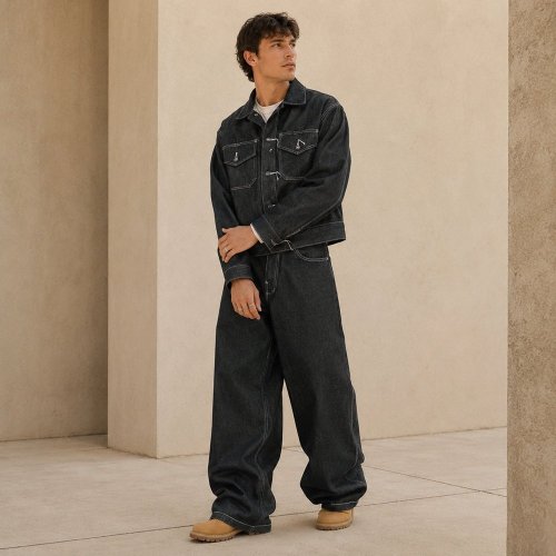 Black Washed Denim Jacket and Cargo Pants Set