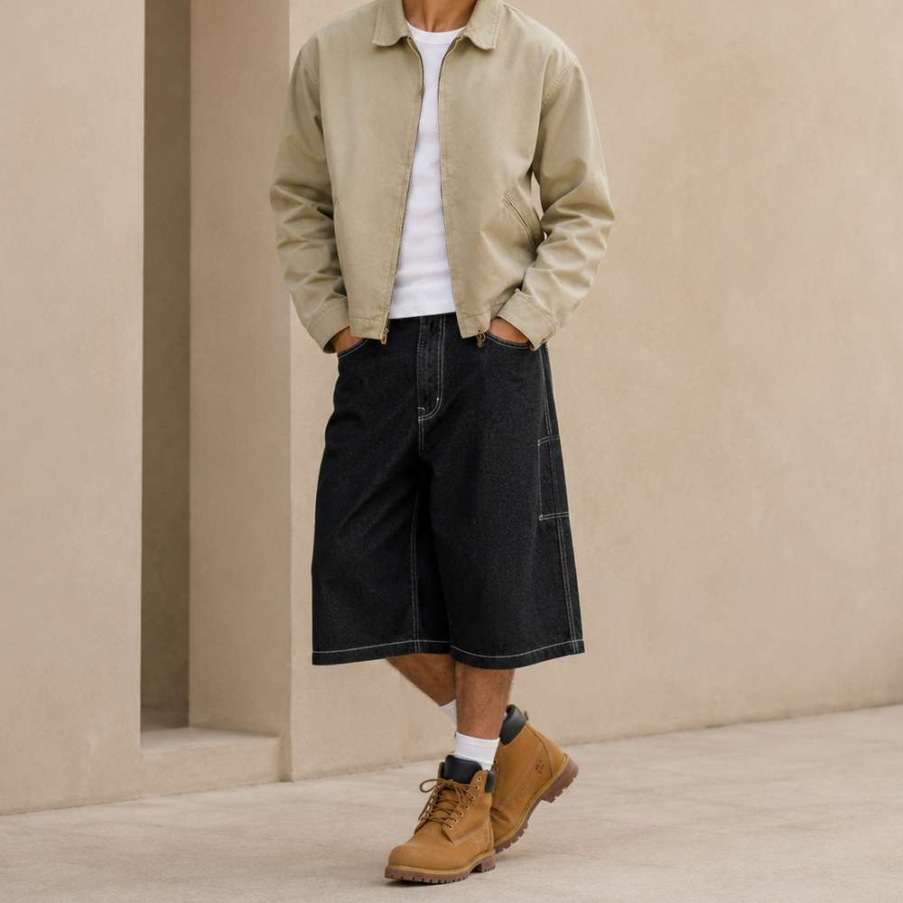 Washed Black Denim Long Shorts