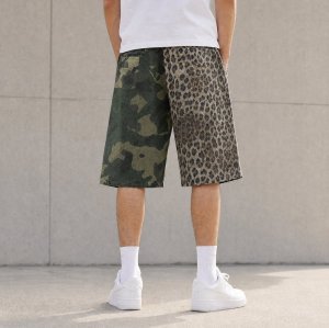 Camo and Leopard Colorblock Mid-Length Shorts