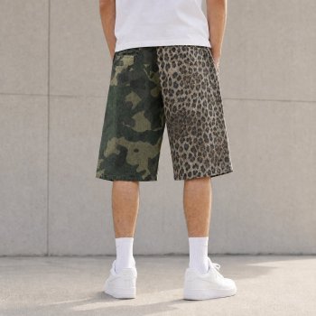 Camo and Leopard Colorblock Mid-Length Shorts