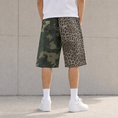 Camo and Leopard Colorblock Mid-Length Shorts