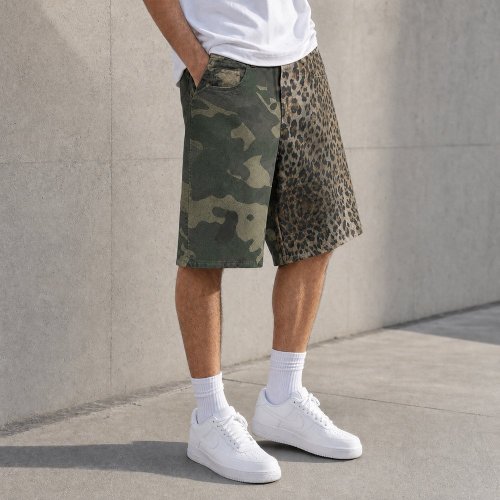 Camo and Leopard Colorblock Mid-Length Shorts