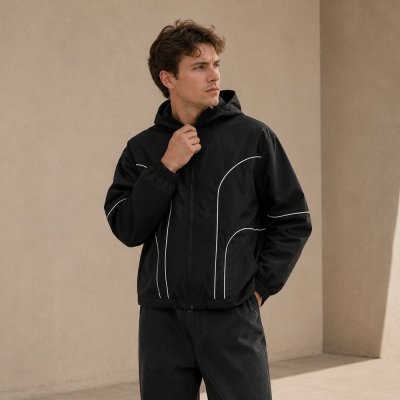 3-Tone Colorblock Hooded Windbreaker with Reflective Piping