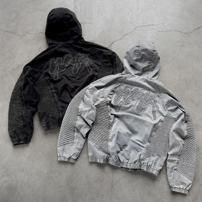 Black and Light Grey Hooded Pullover with Applique Graphic
